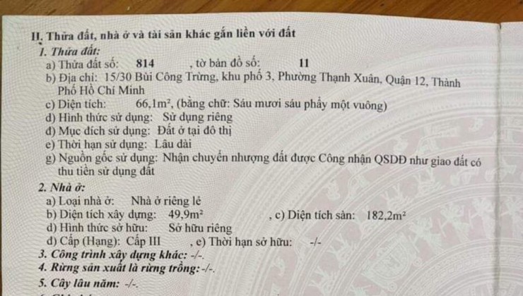 Bán nhà 3 lầu 4x17m, gần chợ Thạnh Xuân, Q12 - 4.25 tỷ, TL nhẹ